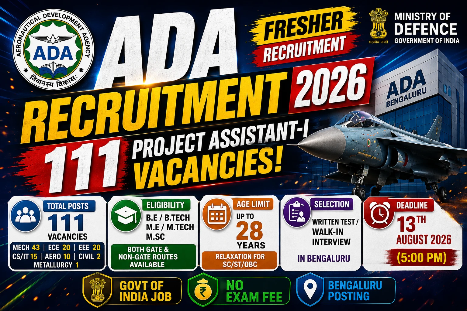 ADA Recruitment 2026 — 111 Project Assistant vacancies at Aeronautical Development Agency, Bangalore