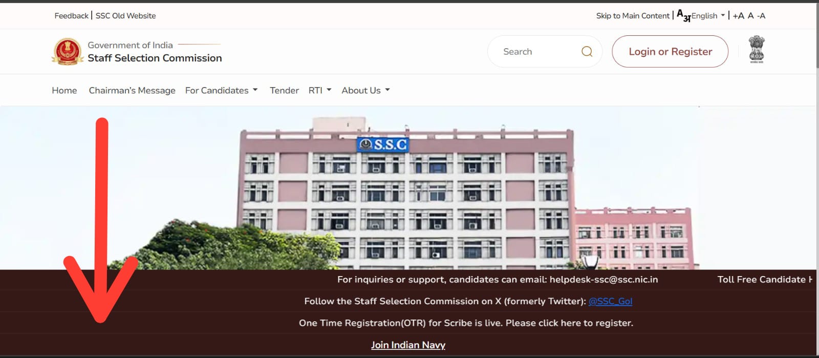 SSC homepage notice board with the apply section visible