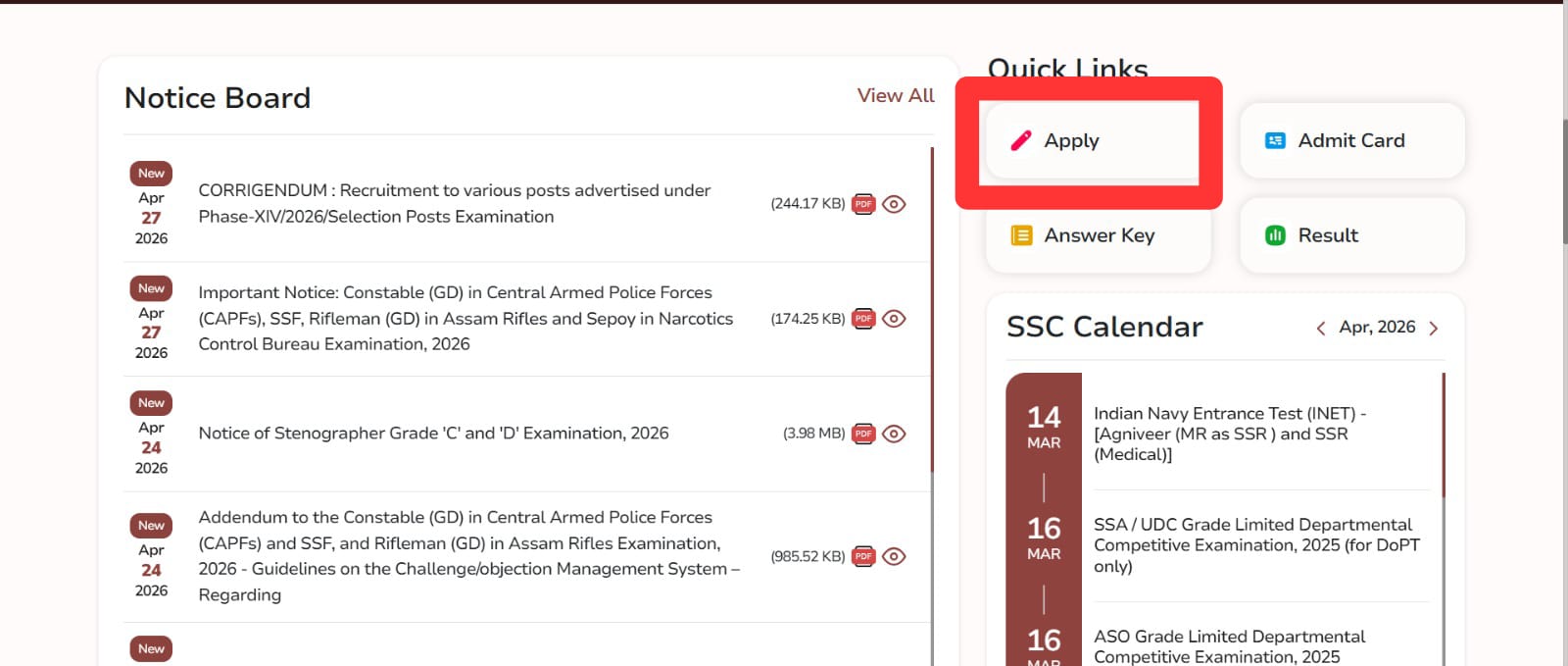 SSC quick links showing the Apply button