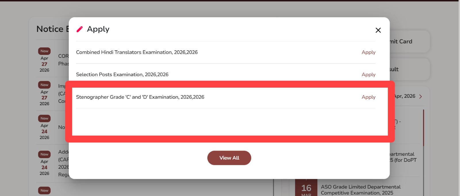 SSC apply popup with the Stenographer Grade C and D examination option